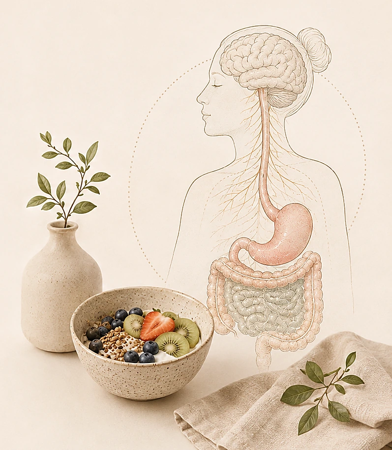 Ilustración del cerebro, sistema nervioso y digestivo junto a un bowl de comida consciente