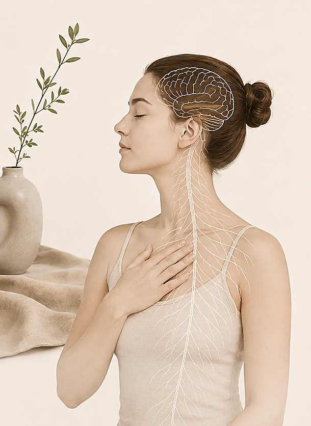 Mujer practicando mindfulness con una ilustración del cerebro y el sistema nervioso
